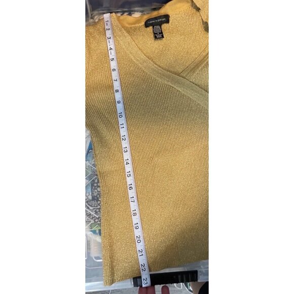 Cable and Gauge Gold Metallic V Neck Faux Wrap Clear Stone Detail Pullover Top - Picture 9 of 10